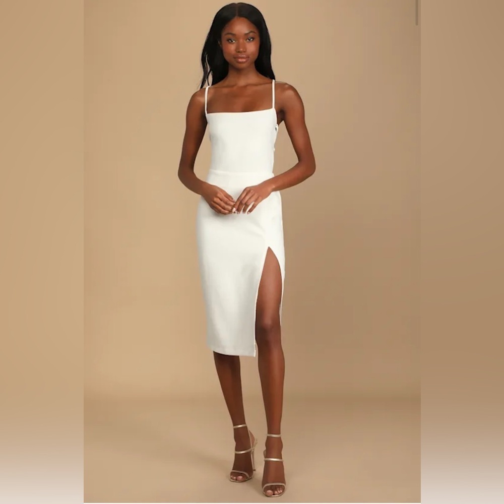 NWT Lulus White Midi Dress Square Neck Front Slit Tie Back Size M Bridal
